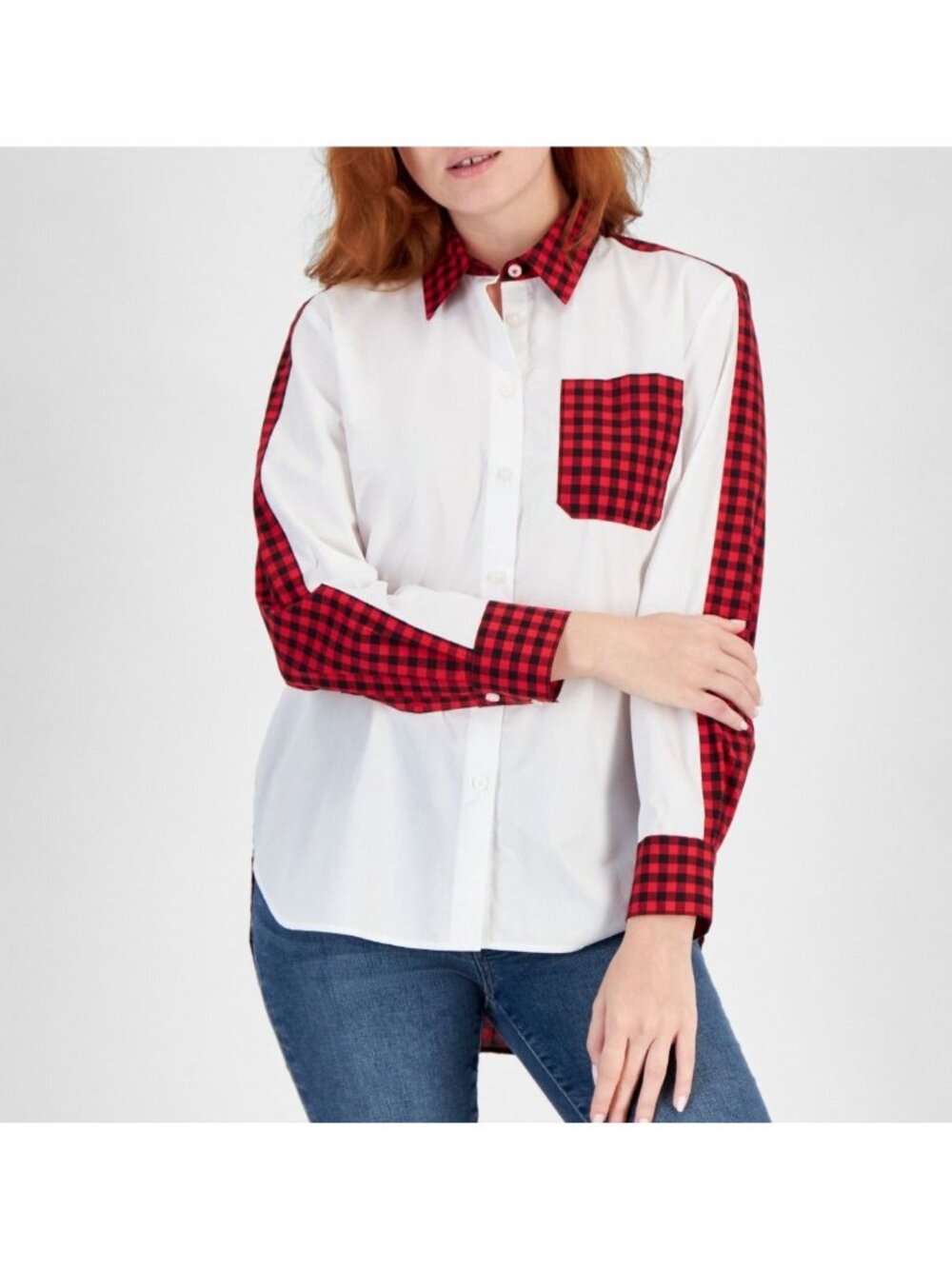 Nautica Jeans Womens Colorblocked Check Button up Shirt Bright White Size S NWT